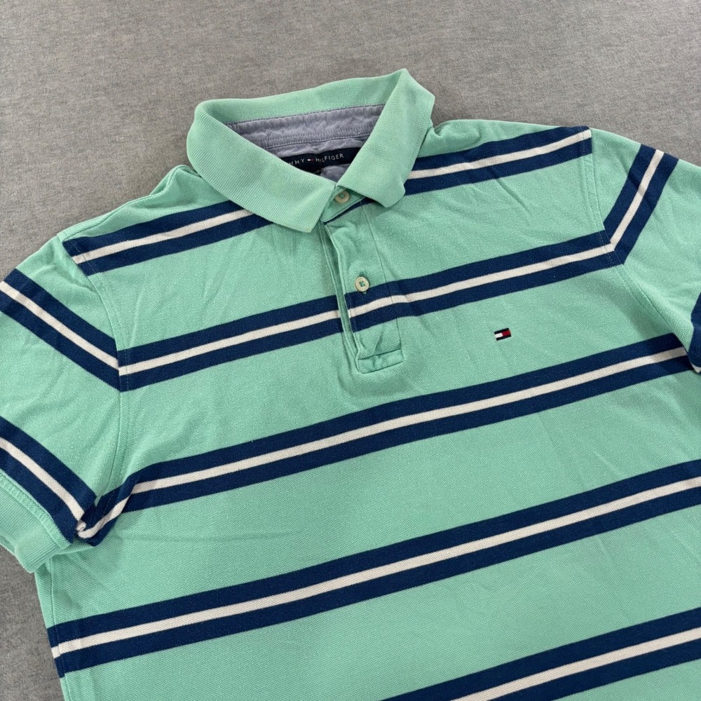 Tommy Hilfiger Mens Medium Mint Green Navy Blue Striped Cotton Pique Polo Shirt